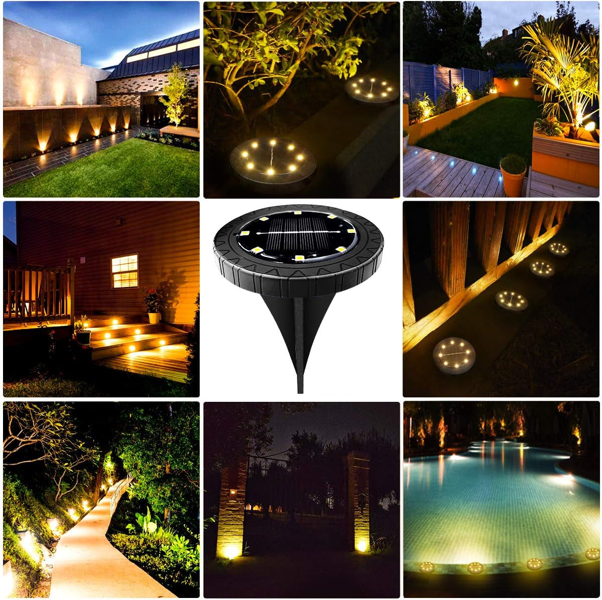 Solar Powered 8 Pack Outdoor LED Disk Lights - IP68 Waterproof, Non-Slip, Wear-Resistant Pathway Lights (Warm White)