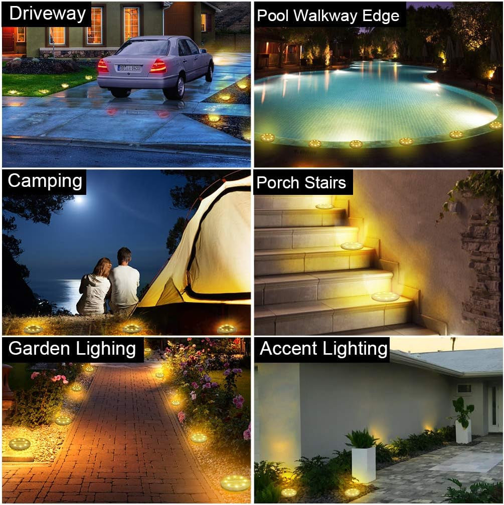 Solar Powered 8 Pack Outdoor LED Disk Lights - IP68 Waterproof, Non-Slip, Wear-Resistant Pathway Lights (Warm White)