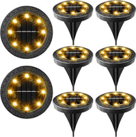 Solar Powered 8 Pack Outdoor LED Disk Lights - IP68 Waterproof, Non-Slip, Wear-Resistant Pathway Lights (Warm White)