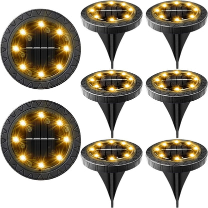 Solar Powered 8 Pack Outdoor LED Disk Lights - IP68 Waterproof, Non-Slip, Wear-Resistant Pathway Lights (Warm White)