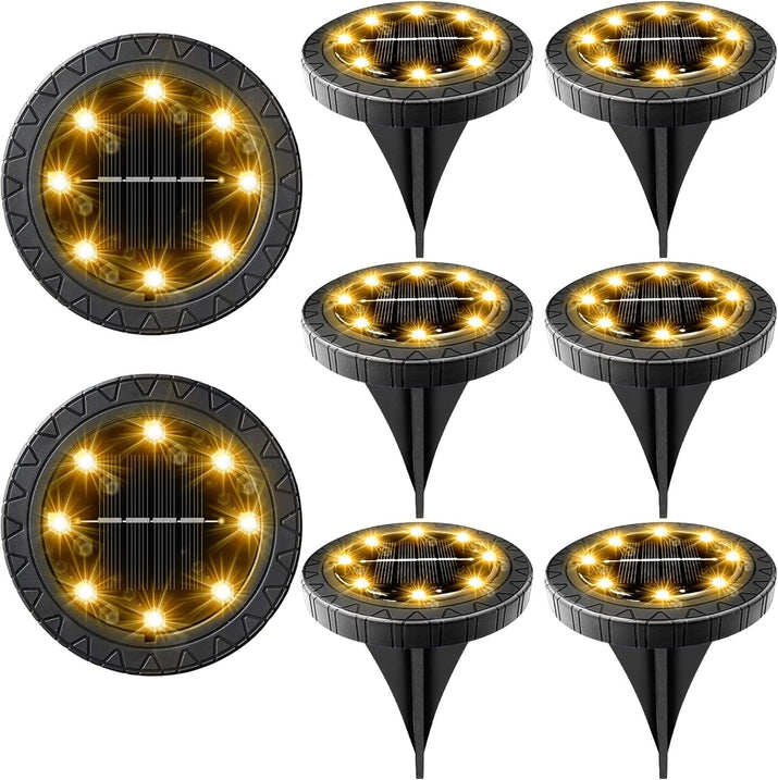 Solar Powered 8 Pack Outdoor LED Disk Lights - IP68 Waterproof, Non-Slip, Wear-Resistant Pathway Lights (Warm White)